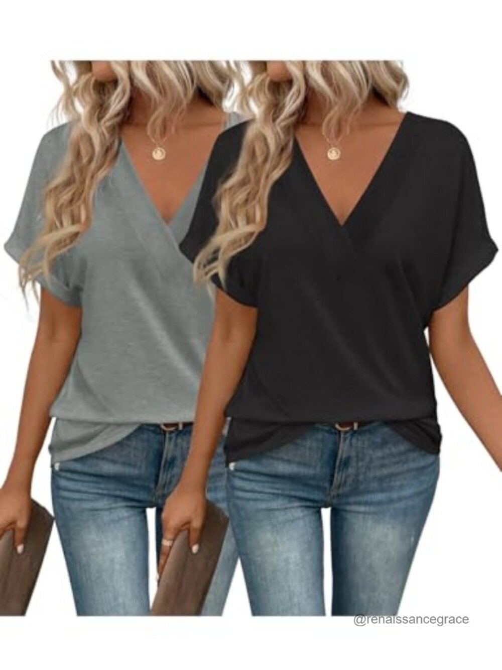 Womens 2PCS Short Sleeve V Neck T Shirts Cotton Spandex Blend Loose Fit Tees